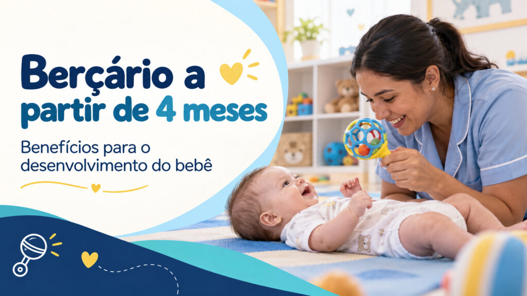 Cuidadora interage com um bebê deitado sobre um tapete, utilizando um chocalho colorido em um ambiente de berçário