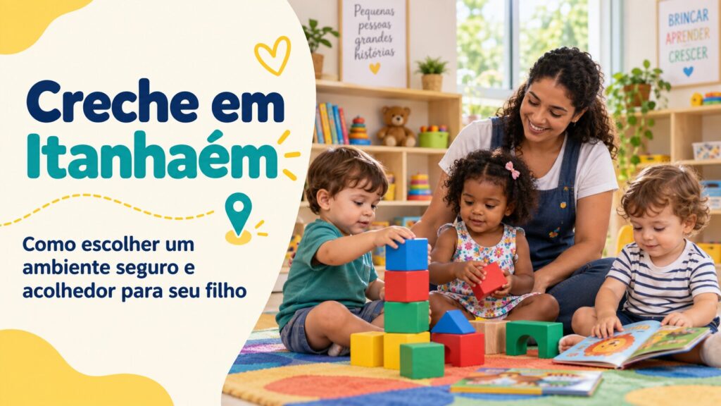 Professora acompanha três crianças brincando com blocos e livro infantil. Texto: “Creche em Itanhaém: como escolher um ambiente seguro e acolhedor para seu filho”.