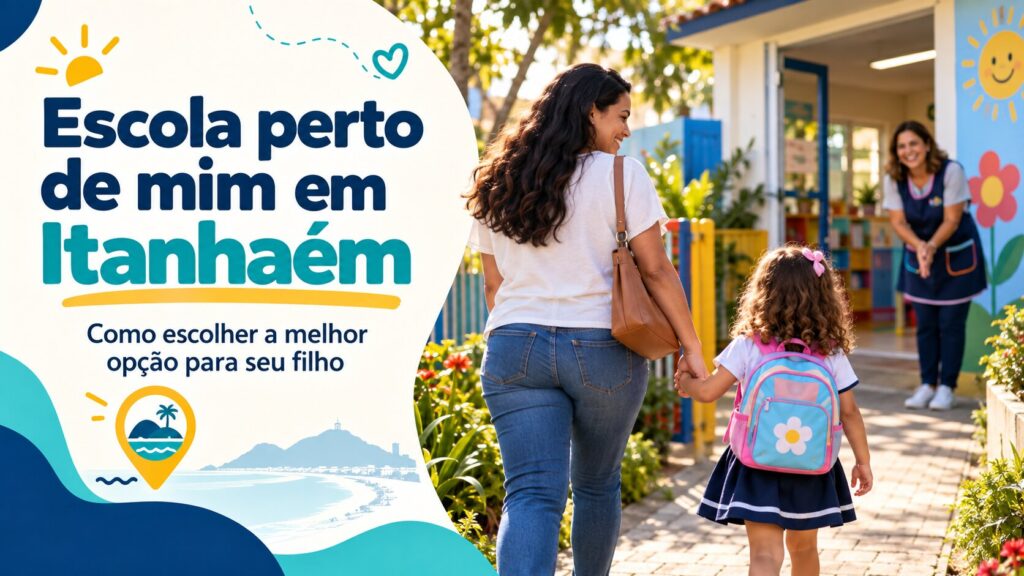 Mãe leva a filha de mãos dadas à escola, onde uma professora as recebe. Texto: “Escola perto de mim em Itanhaém: como escolher a melhor opção para seu filho”.